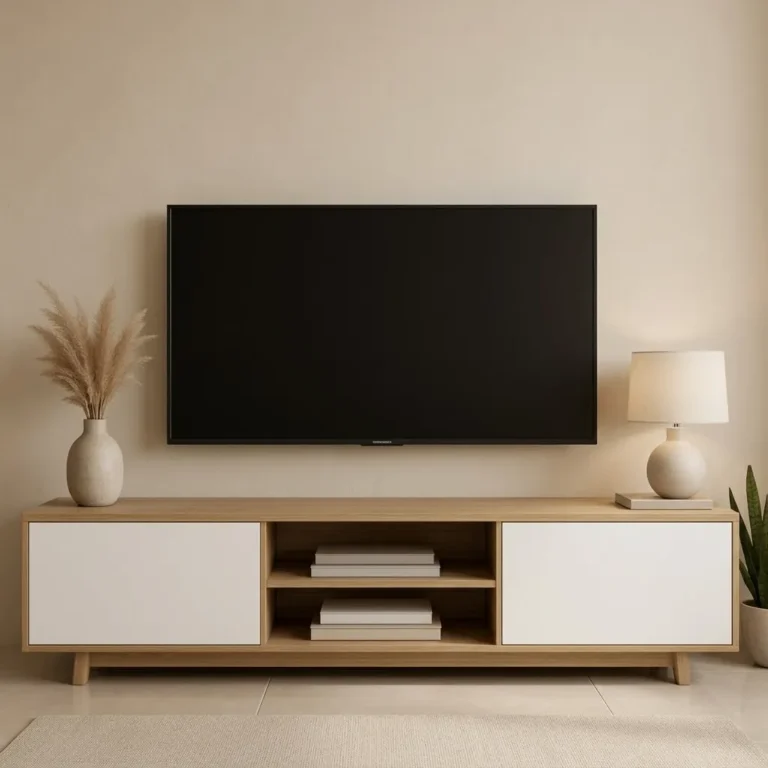 طاولة تلفاز بلانكا الحديثة من ادم فرنتشر (ADM Furniture) باللون البيج الطبيعي والأبيض، مصممة على الطراز الإيطالي العصري مع درف جانبية ورفوف مفتوحة للكتب، موضوعة في صالة معيشة هادئة على سجادة بيج وأرضية بيضاء لمعة خفيفة.