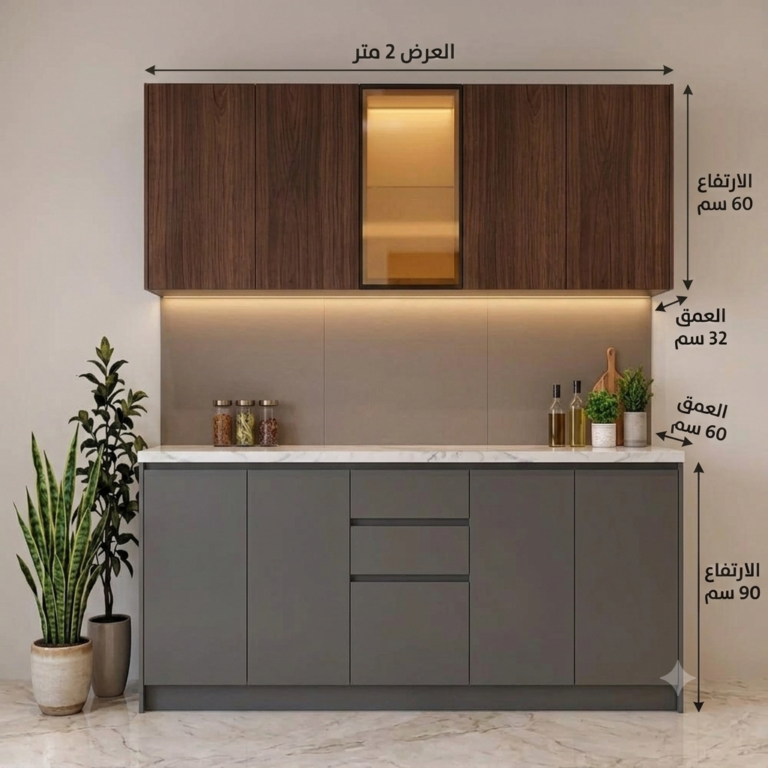 وحدة مطبخ مودرن تصميم إيطالي بدون مقابض يجمع بين اللون الرمادي المطفي وخشب الجوز الداكن مع كابينة زجاجية وإضاءة ليد مخفية.