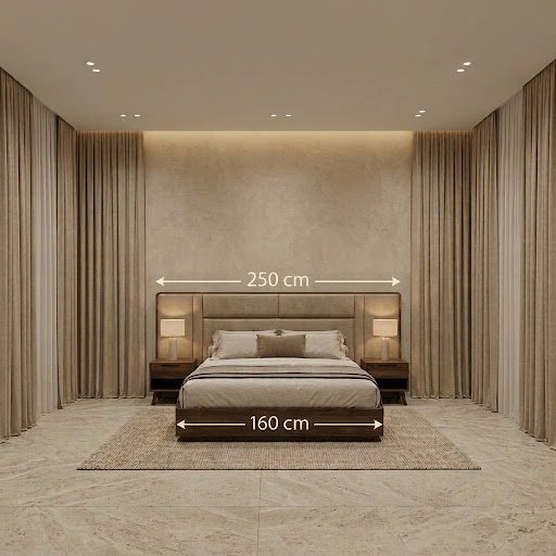 سرير موكا مودرن مقاس 160 cm مع ظهر منجد عريض 250 cm وقاعدة من الخشب البني الداكن من آدم فرنتشر.