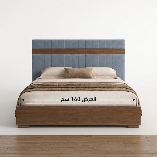 سرير مودرن فيروز 160 cm من ادم فرنتشر ظهر مكسو بالقماش الأزرق الهادئ مع قاعدة من الخشب البني المتين.