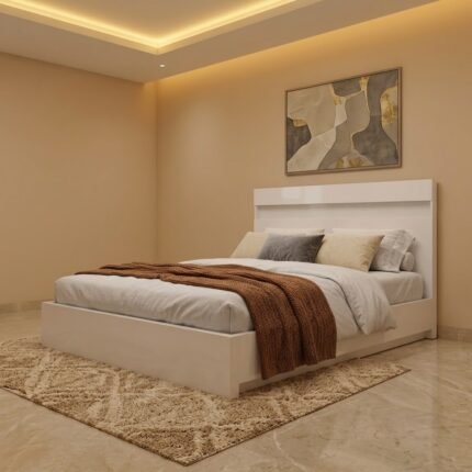 سرير بيانكو مودرن خشب باللون الأبيض من آدم فرنتشر، تصميم بخطوط بسيطة وزاوية جانبية تبرز تناغمه مع الديكورات الدافئة