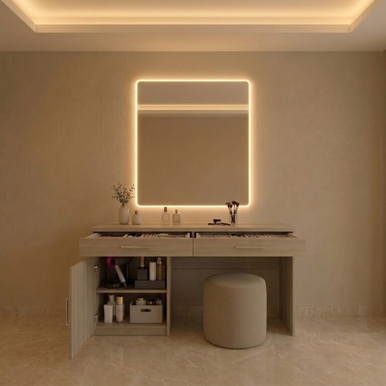تسريحة ساندي خشب بيج فاتح مع مرآة مستطيلة بإضاءة ليد وبوف بيج، من ADM Furniture