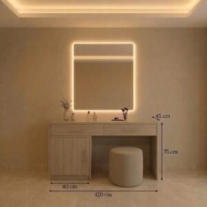 تسريحة "ساندي" خشب بيج فاتح مع مرآة مستطيلة بإضاءة ليد وبوف بيج، من ADM Furniture