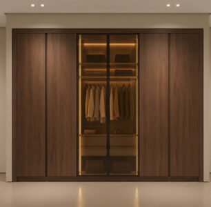 دولاب دريسنج روم خشب بني غامق وأبواب زجاجية مضيئة من تصميم ادم فرنتشر (ADM Furniture)، حلول تخزين داخلية وإضاءة LED مدمجة