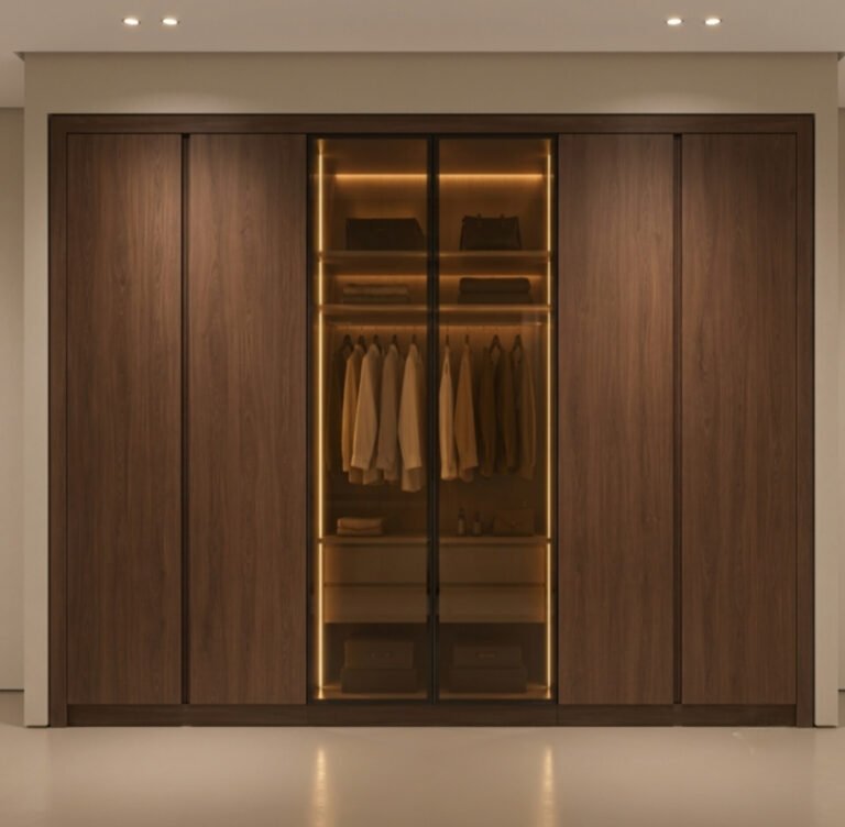 دولاب دريسنج روم خشب بني غامق وأبواب زجاجية مضيئة من تصميم ادم فرنتشر (ADM Furniture)، حلول تخزين داخلية وإضاءة LED مدمجة