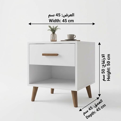 كومودينو بيانكو مودرن باللون الابيض من ادم فرنتشر مقاس 45 cm عرض و 50 cm ارتفاع مزود بدرج بمقبض خشبي ورف مفتوح وارجل من الخشب المتين