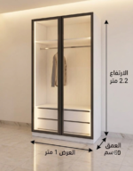 ادم فرنتشر: وحدة دريسنج سمارت أبيض مودرن بسيط، أرفف وأدراج بإضاءة مدمجة LED، وضلف زجاج بفريم ألوميتال أسود