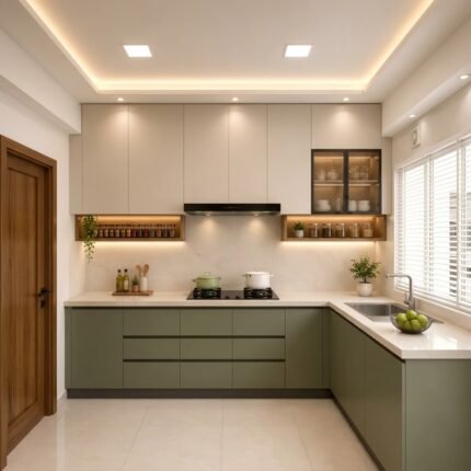 مطبخ مودرن حديث من ادم فرنتشر بتصميم فخم باللون البيج اللامع أو المط مع اللون الأخضر الزيتوني الفاتح sage واللون الخشبي مع وحدات تخزين ذكيه و درف زجاج واضاءه ليد مدمجه