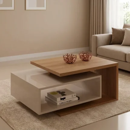 ترابيزة قهوة مودرن لايرز بتصميم هندسي متداخل من الخشب واللون البيج نصف لمعة مع رف تخزين مفتوح من ADM Furniture.