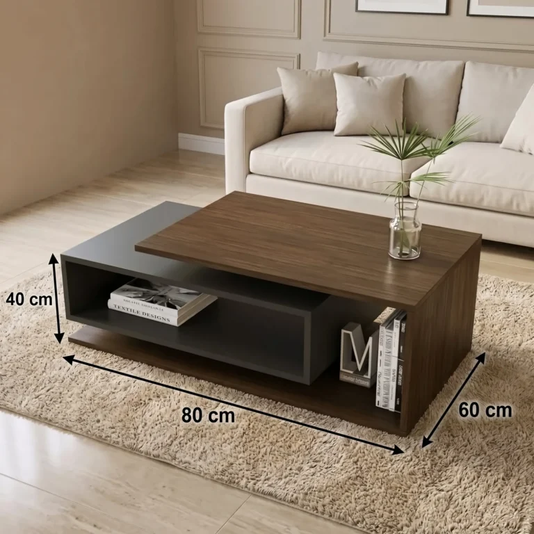 طاولة قهوة إيليت مودرن من أدم فرنتشر، تصميم إيطالي عصري من الخشب البني الداكن والرمادي المطفي مع مساحات تخزين، منسقة في غرفة معيشة أنيقة باللون البيج.