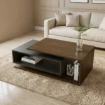 طاولة قهوة إيليت مودرن من أدم فرنتشر، تصميم إيطالي عصري من الخشب البني الداكن والرمادي المطفي مع مساحات تخزين، منسقة في غرفة معيشة أنيقة باللون البيج.