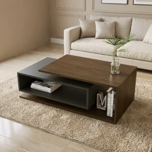 طاولة قهوة إيليت مودرن من أدم فرنتشر، تصميم إيطالي عصري من الخشب البني الداكن والرمادي المطفي مع مساحات تخزين، منسقة في غرفة معيشة أنيقة باللون البيج.