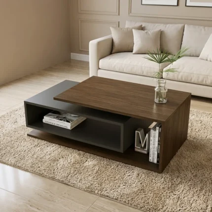 طاولة قهوة إيليت مودرن من أدم فرنتشر، تصميم إيطالي عصري من الخشب البني الداكن والرمادي المطفي مع مساحات تخزين، منسقة في غرفة معيشة أنيقة باللون البيج.